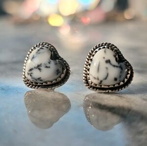 Beautiful Heart-Shaped Sterling Silver and Diorite Stone Stud Earrings